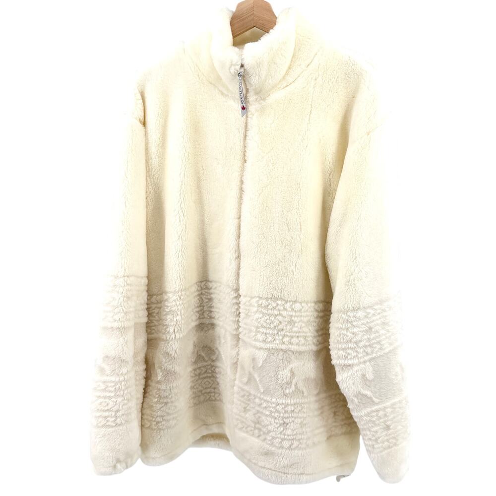 Vintage 90s Coastlines Cream Faux Fur Fair Isle Sheared Horse Zip Up Jacket
